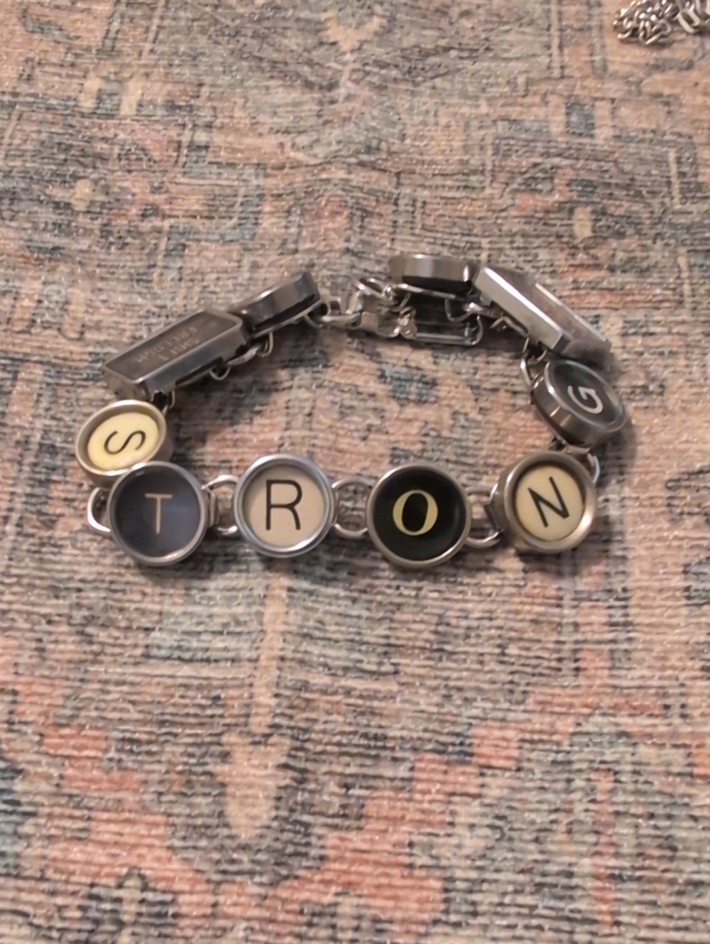 "Strong" Typewriter Key Bracelet in Black and Cream